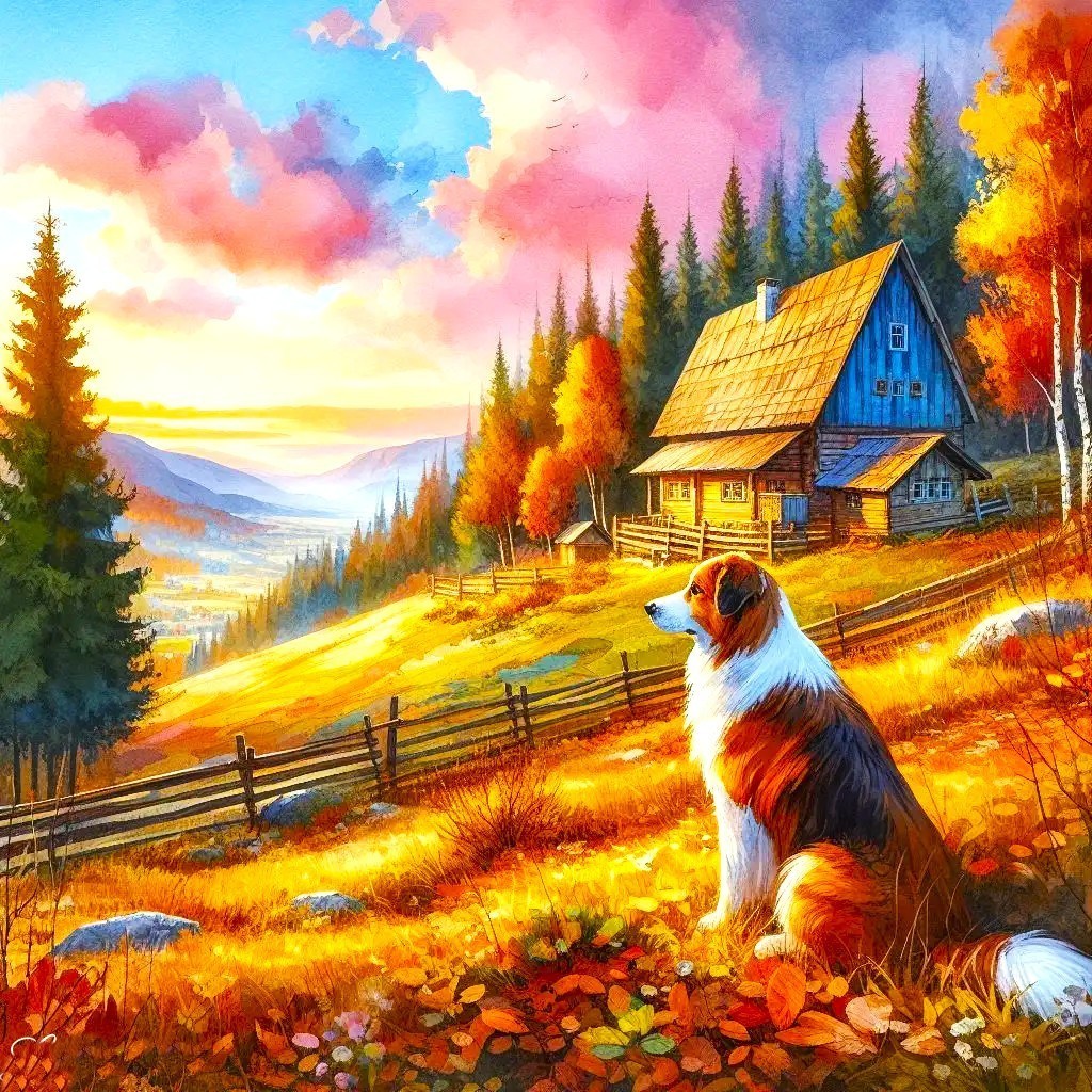 Collie dog on sunny autumn hillside with barn, fence, fall trees and mountain valley view at sunset