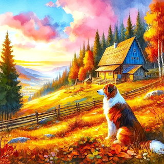 Farm Dog Autumn Hillside Sunset