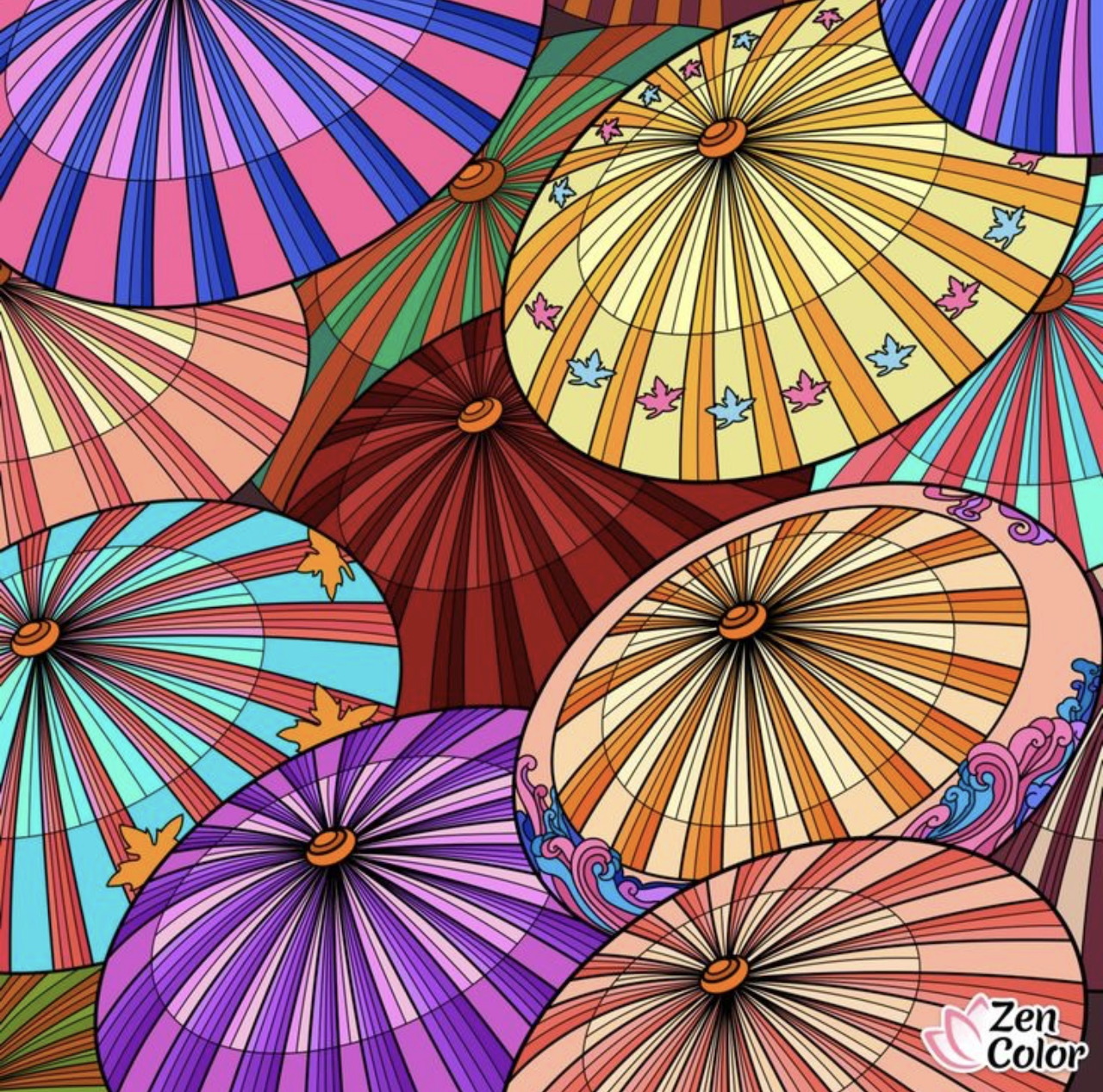Colorful striped paper umbrellas arranged in overlapping pattern with radiating designs
