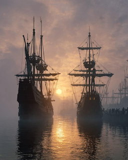 Two silhouetted sailing ships on calm water at sunset in a misty harbor