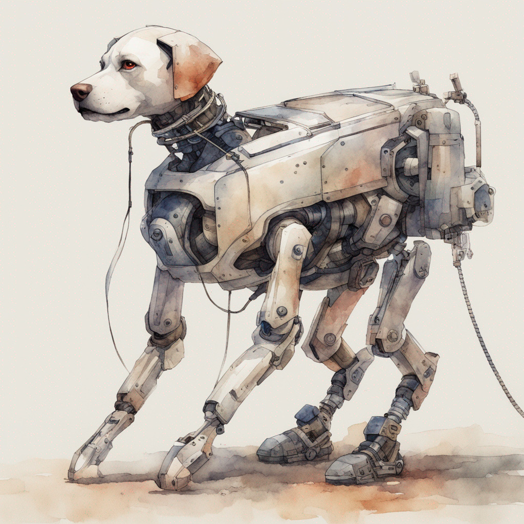 Watercolor painting of a white dog with a robotic mechanical body and metal legs