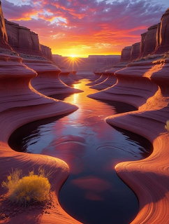 Sunset over desert canyon with reflective water pools winding through red rock cliffs under colorful sky