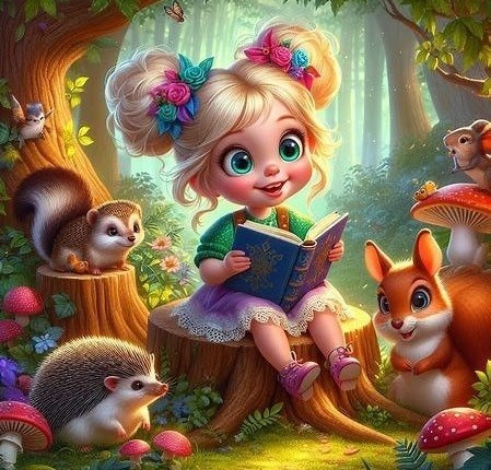 Girl Reading to Forest Animals