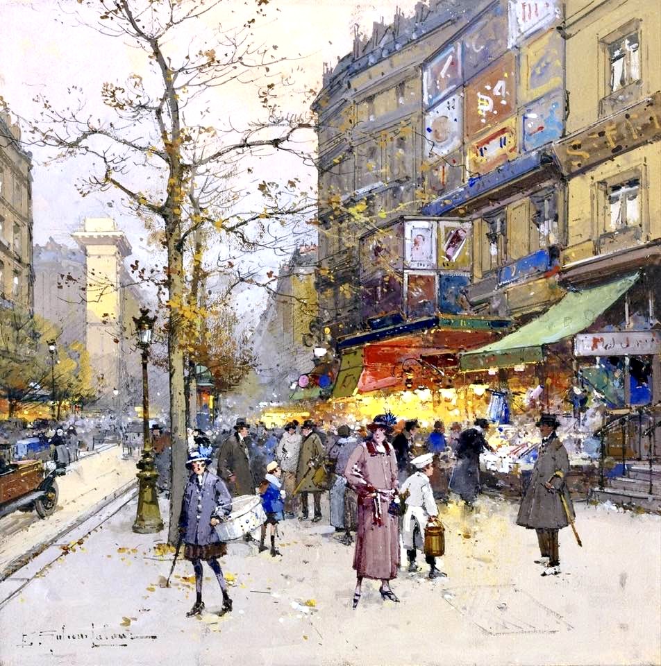 Impressionist painting of a busy Paris street scene with people, bare trees, and buildings in winter light