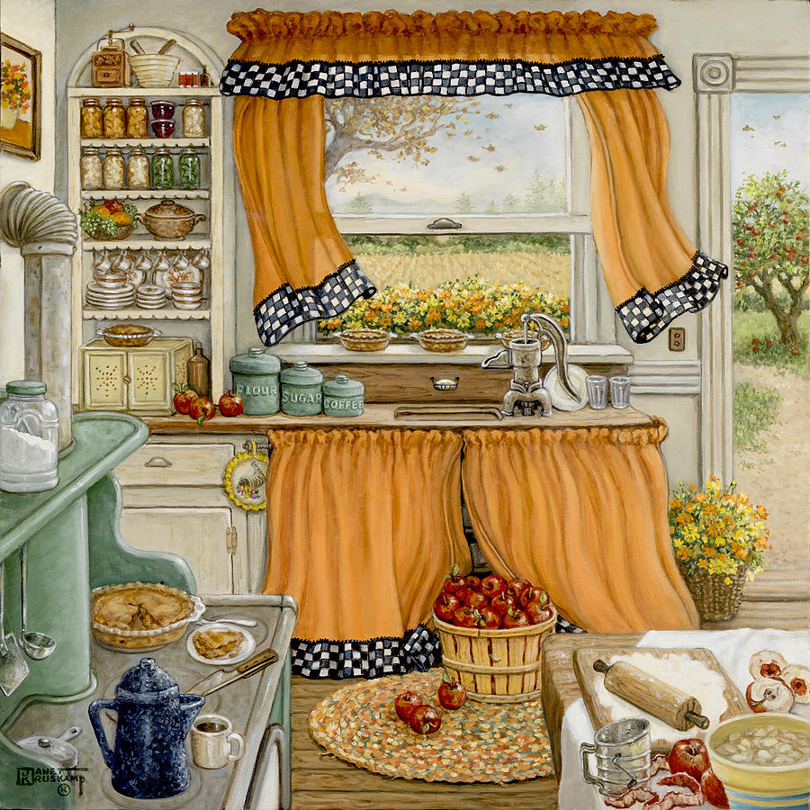 Cozy cottage kitchen interior with yellow curtains, pies, desserts, and white cabinets