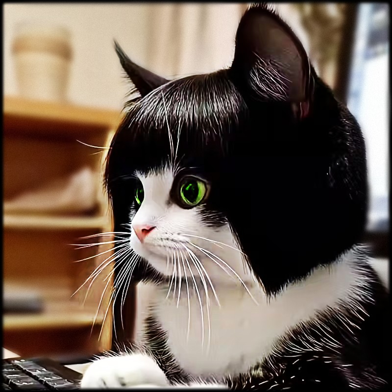 Black and white tuxedo cat with green eyes resting indoors beside a keyboard