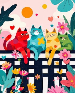 Four colorful cartoon cats sitting together with flowers and tropical leaves on checkered floor