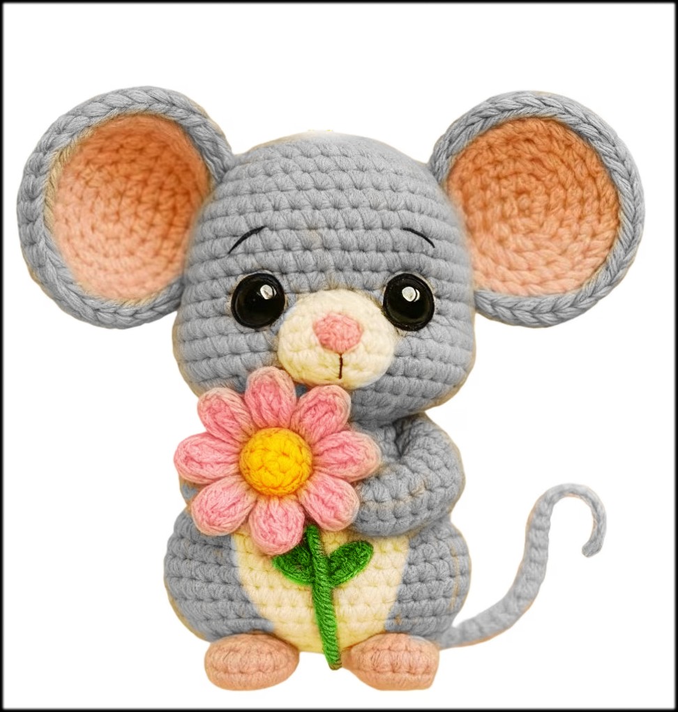 Gray crocheted mouse plush holding a pink flower on a white background