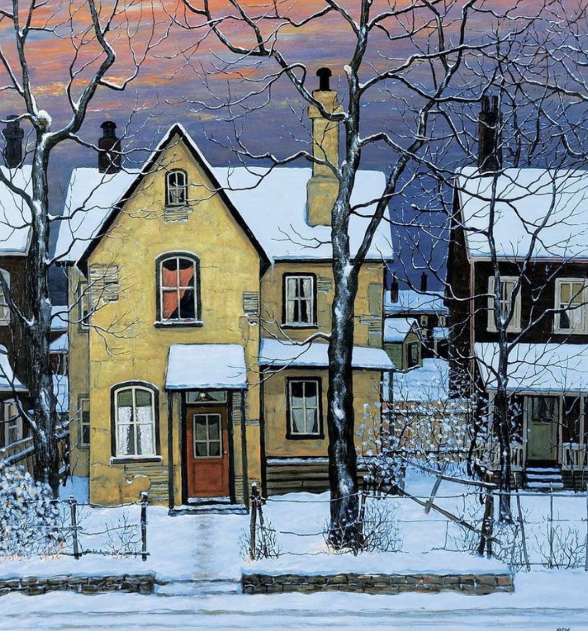Yellow two-story house in winter with snow, bare trees, and colorful dusk sky
