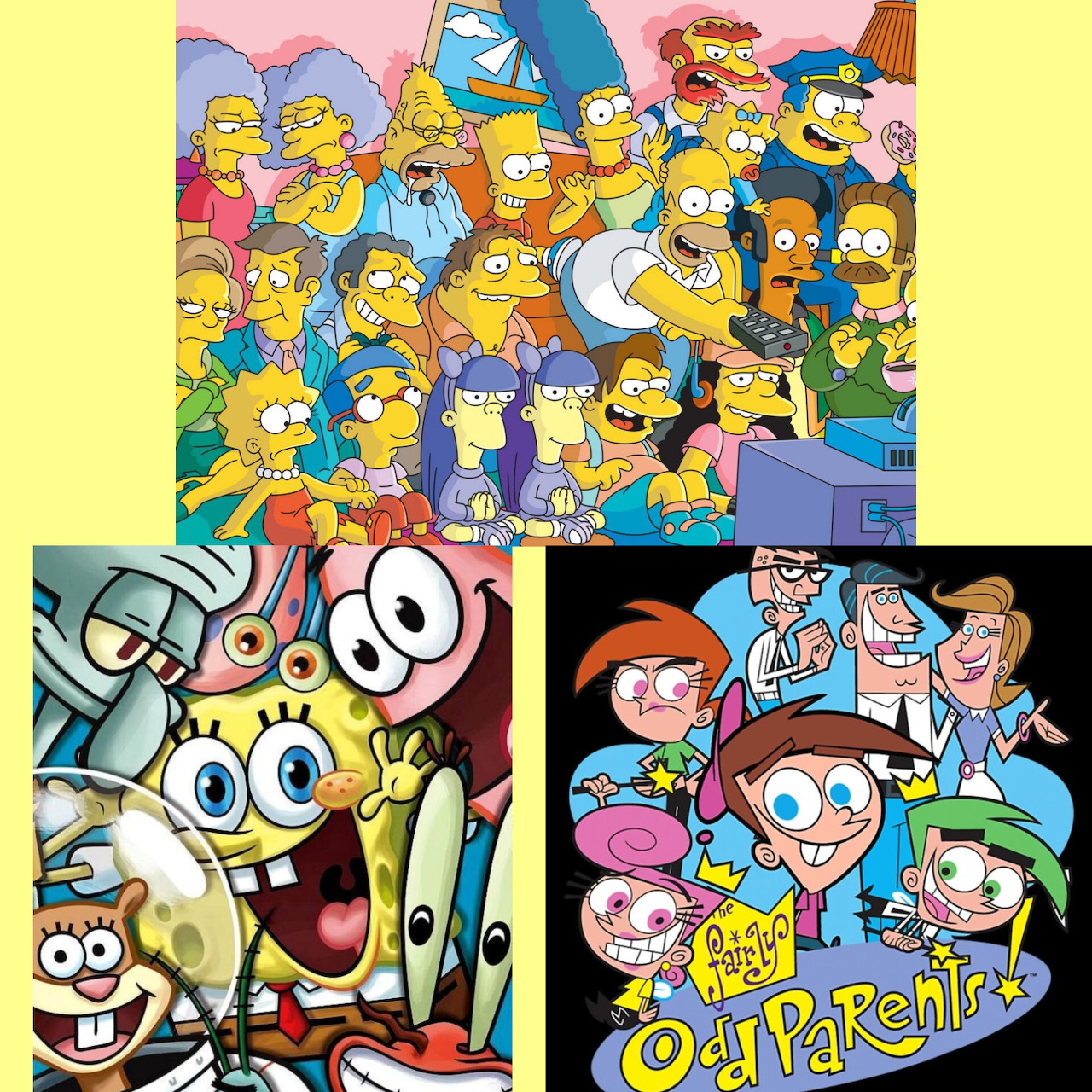 Collage of The Simpsons, SpongeBob SquarePants, and The Fairly OddParents animated characters