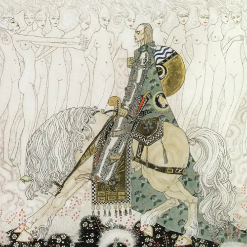 Medieval knight in armor riding a white horse with decorative elements and stylized background