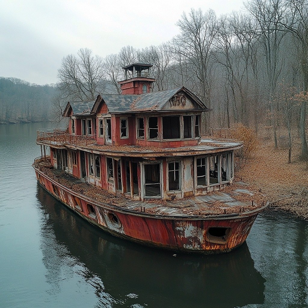 Abandoned red houseboat on foggy lake with bare trees and hills in background