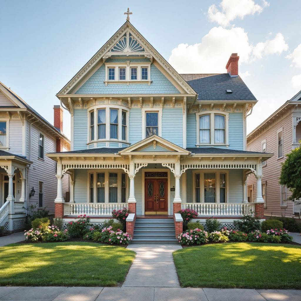 Blue Victorian house with white decorative trim, front porch, and green lawn