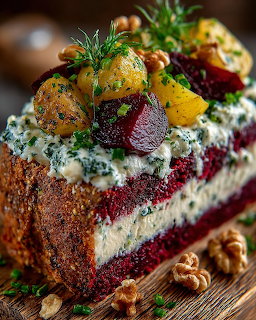 Close-up of a savory layered slice with creamy filling, herbs, walnuts, potatoes, and beet pieces