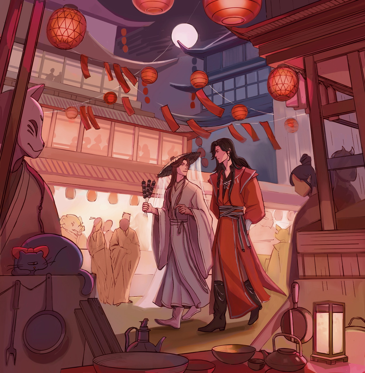 Two people in traditional robes under red lanterns in an Asian market street at twilight