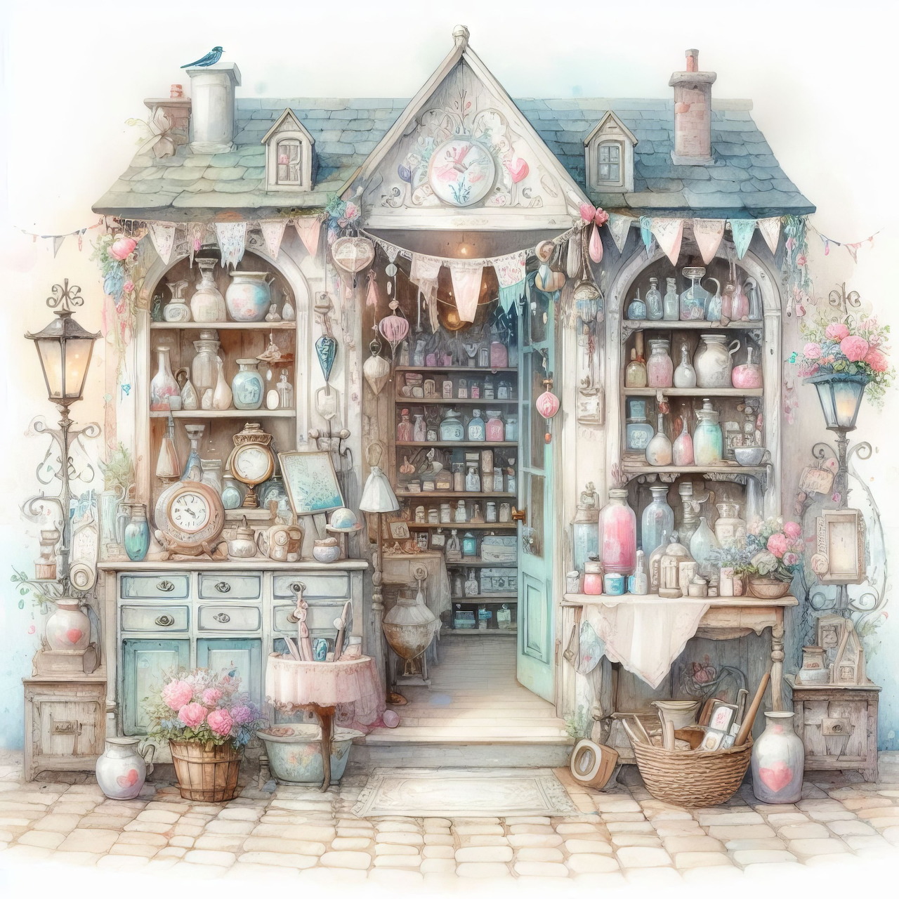 Miniature fantasy apothecary shop with shelves of colorful bottles, pastel cottage facade, flowers and vintage decor