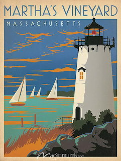 Vintage travel poster of Martha's Vineyard lighthouse with sailboats and sunset sky