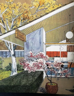 Mid-century modern house with deck, white tree, pink flowering bush, and geometric design elements