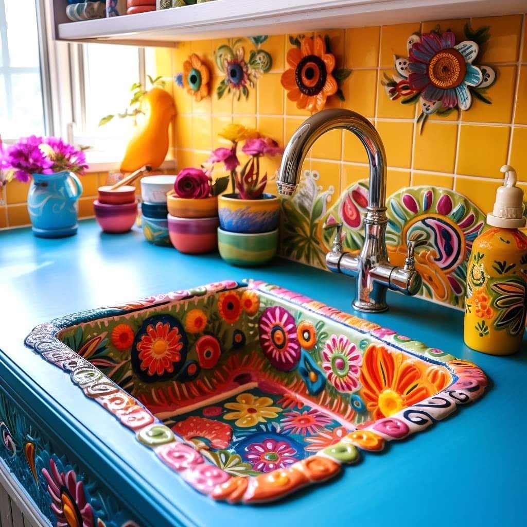 Colorful kitchen with sunflower tiles, painted sink basin, and bright decorative pottery on turquoise counter