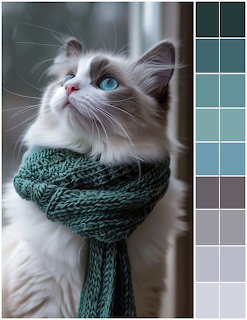 White and brown cat with blue eyes wearing a teal knitted scarf, looking up