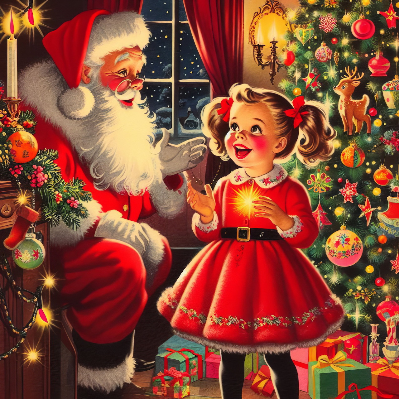 Santa Claus with happy girl in red dress beside decorated Christmas tree and presents