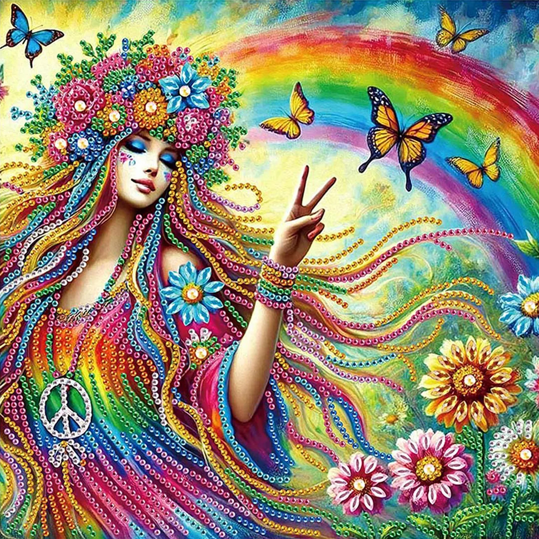 Colorful illustration of woman with rainbow floral hair, butterflies, and peace sign in psychedelic hippie art style