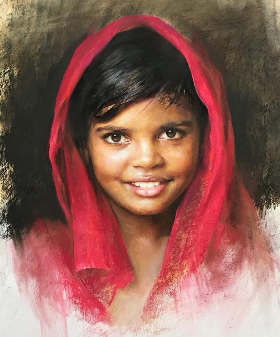 Painted portrait of a smiling young girl in a red hood