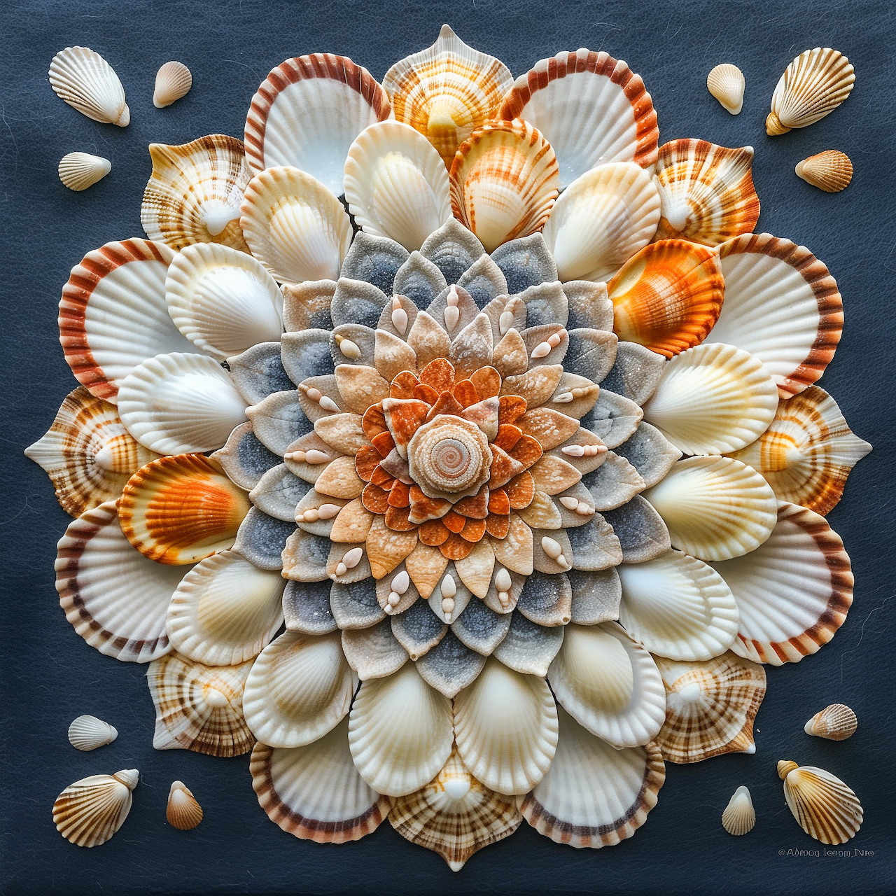 Circular mandala pattern made from various seashells arranged symmetrically on dark fabric