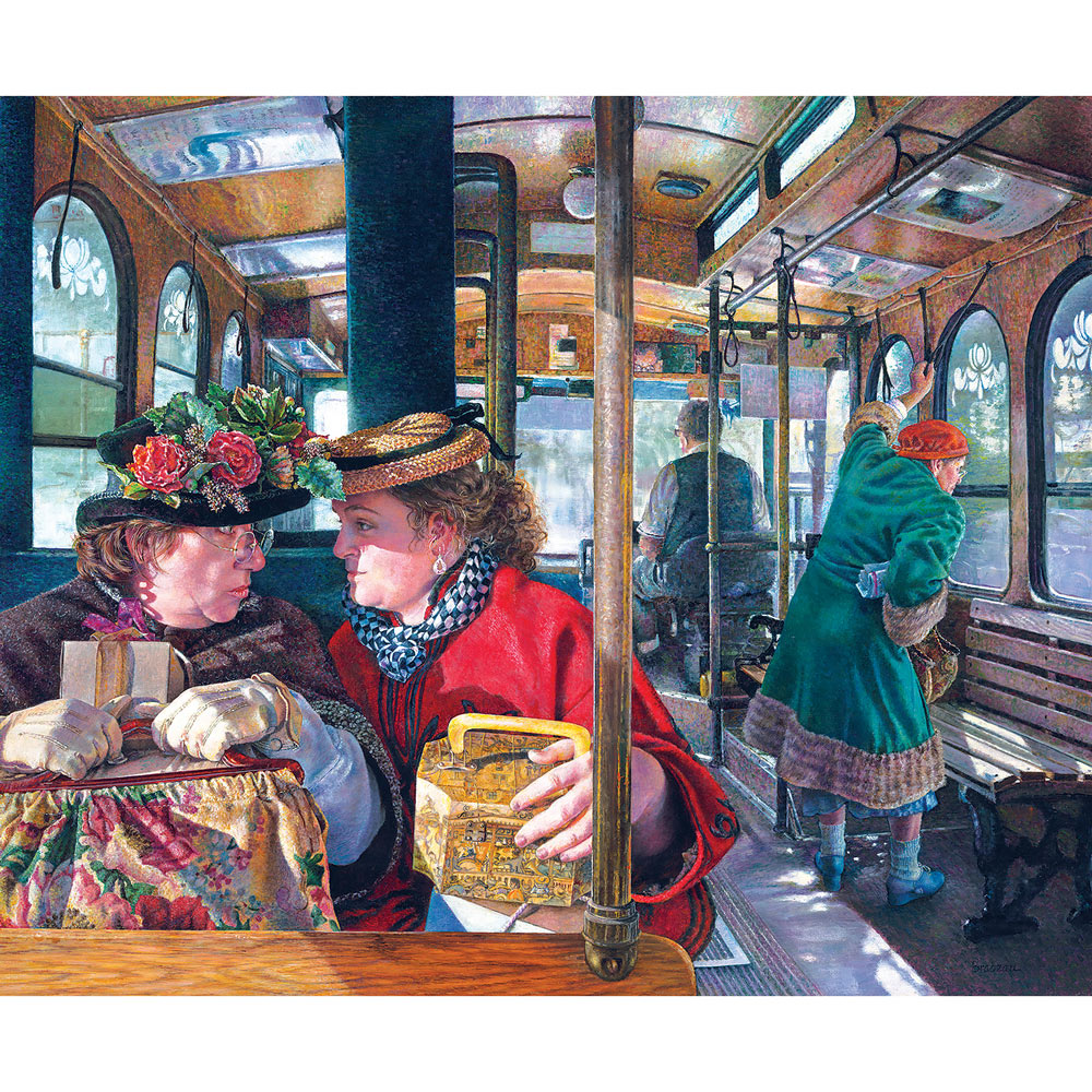 Painting of women inside a vintage tram, with one standing by the window and two seated in conversation