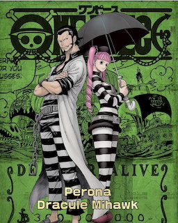 Perona and Dracule Mihawk in black-and-white striped outfits on a green One Piece background
