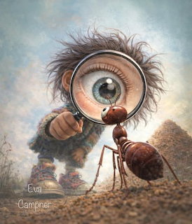 Sureal illustration of a big-eyed child using a magnifying glass to examine a giant ant