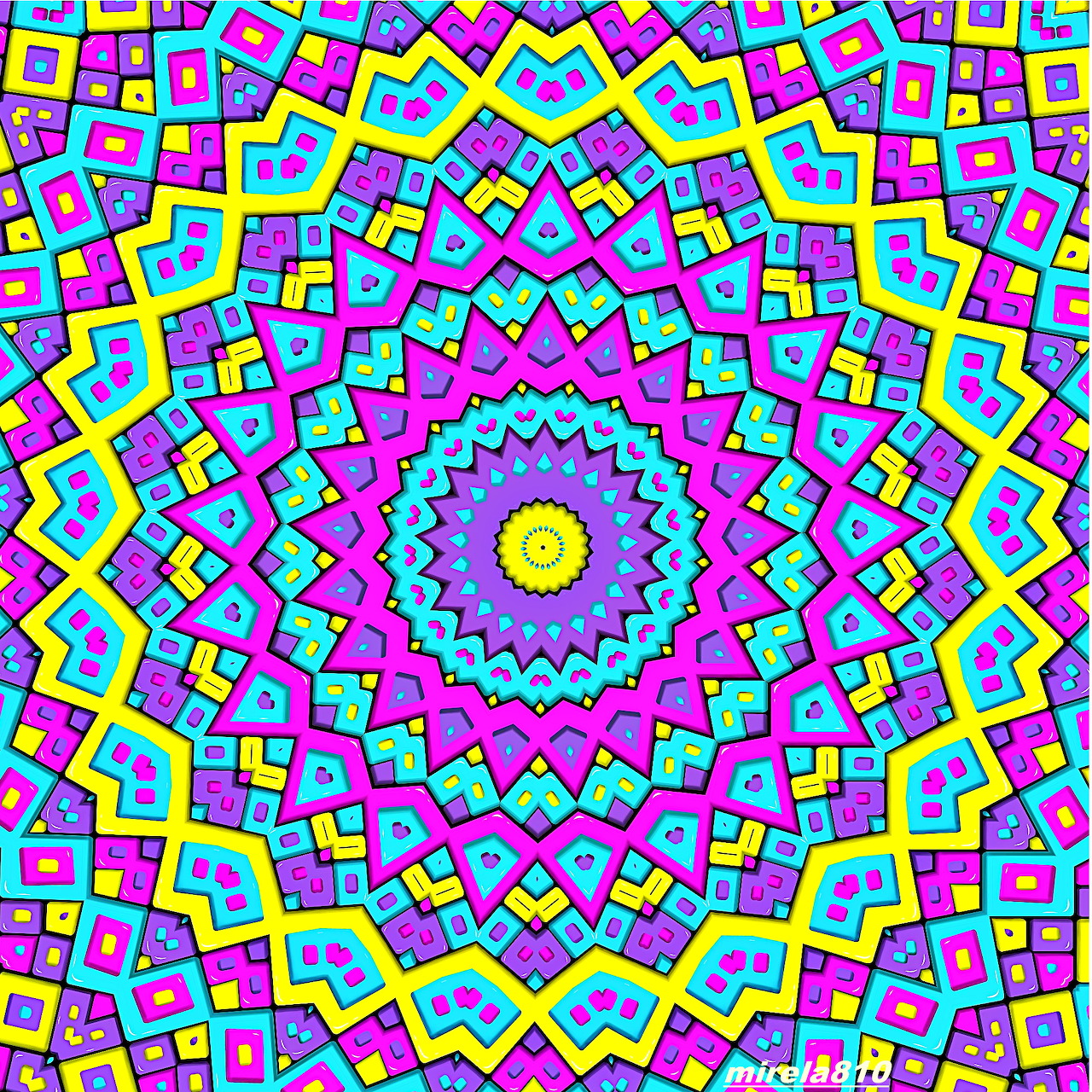 Colorful geometric mandala with radial symmetry in bright pink, yellow, blue, and cyan patterns around an orange center