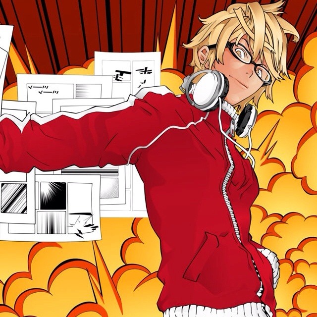Blonde anime character in red hoodie with headphones and glasses surrounded by yellow flames and floating papers