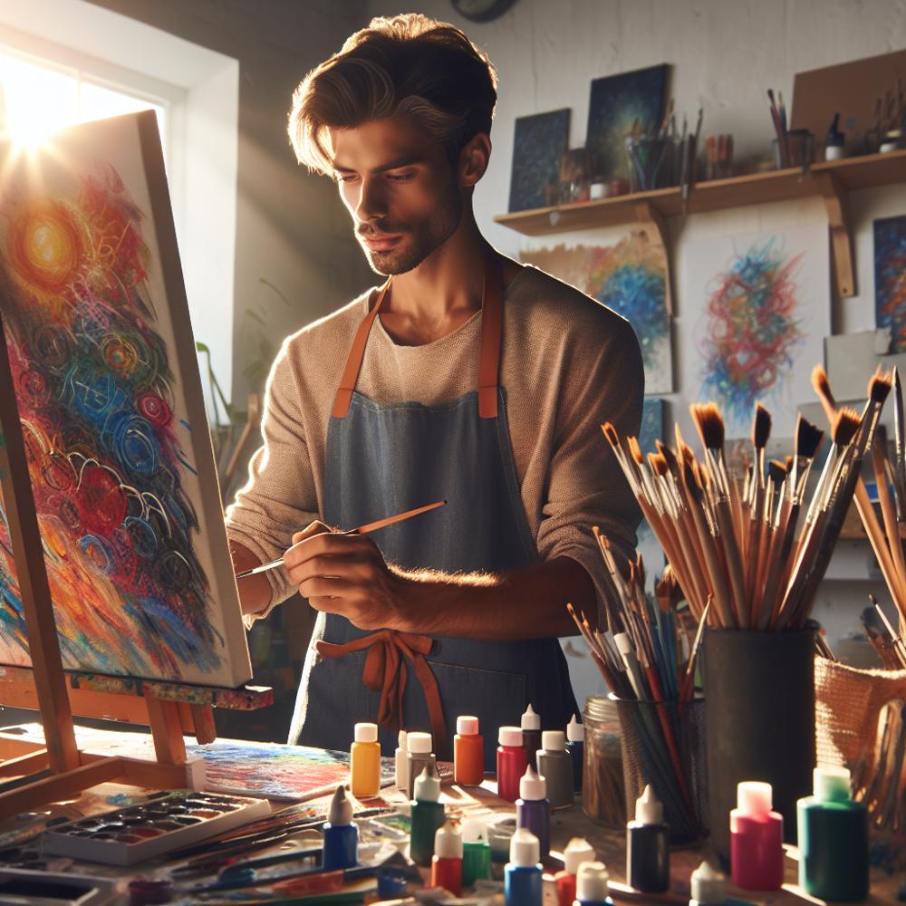 Young man painting a colorful abstract canvas in a bright art studio surrounded by brushes and paints
