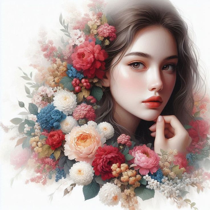 Digital portrait of a young woman surrounded by pink, white, and blue flowers