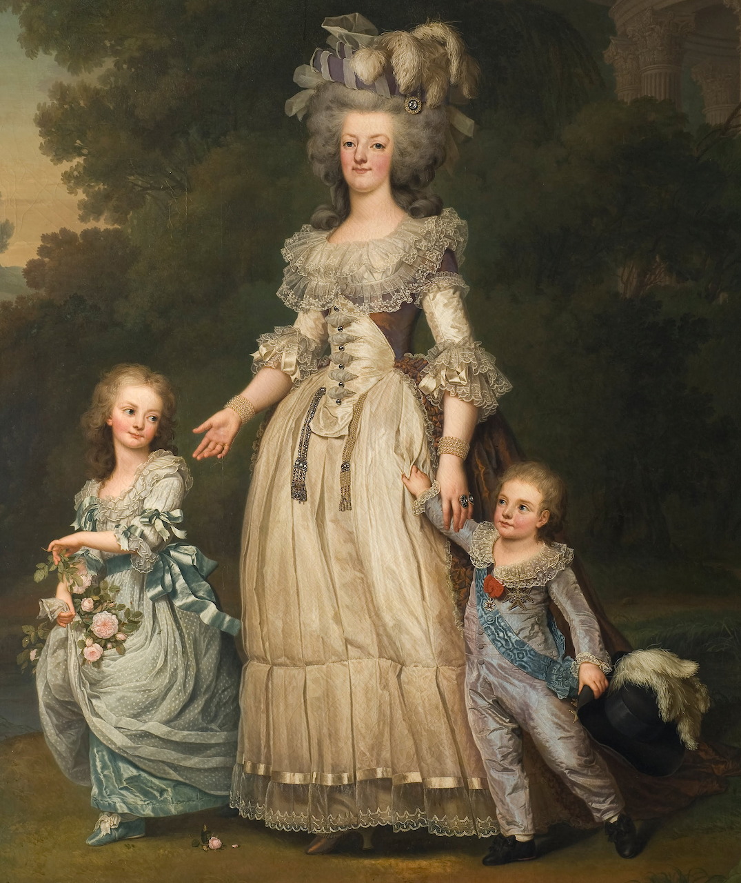 Portrait painting of Marie Antoinette in white gown with feathered headdress walking with two children outdoors