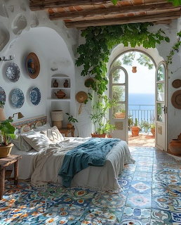 Mediterranean bedroom with patterned tile floor, arched door opening to ocean balcony, white bed with blue throw