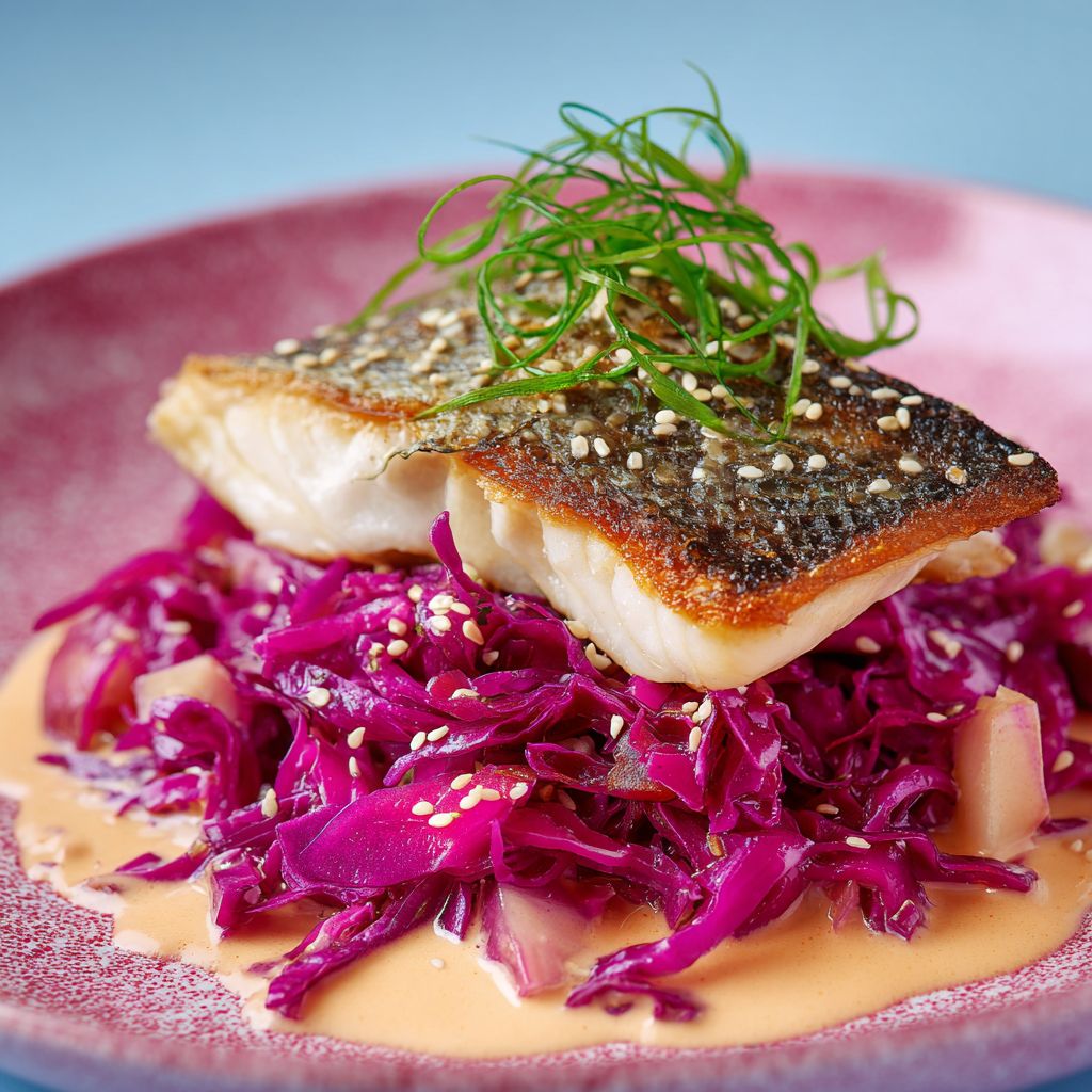 Seared fish fillet with crispy skin, green onion garnish, served on purple cabbage with sauce on pink plate
