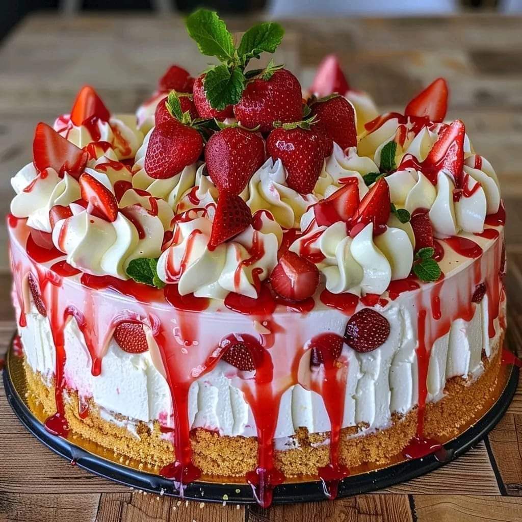 White frosted cake topped with fresh strawberries, whipped cream rosettes, mint leaves, and red strawberry sauce drizzle
