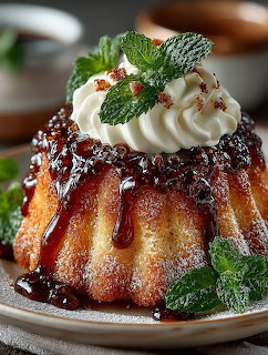 Golden bundt dessert with whipped cream, mint leaves, and caramel sauce on a plate