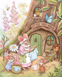 Illustrated mice hanging laundry near a whimsical tree house with round green door and flowers