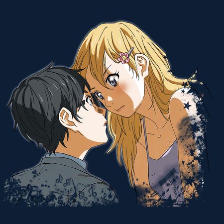 Anime boy and girl looking at each other, blonde hair and dark hair, blue background