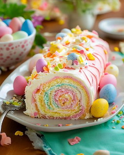 Rainbow swirl cake roll with white frosting and colorful sprinkles, displayed with pastel Easter eggs