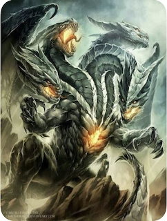 Dark dragon with wings spread breathing fire in stormy sky