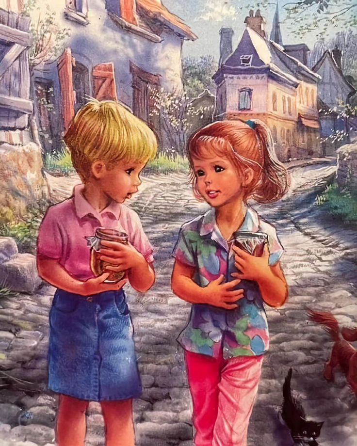 Illustration of two children holding kittens on a cobblestone village street with cats nearby