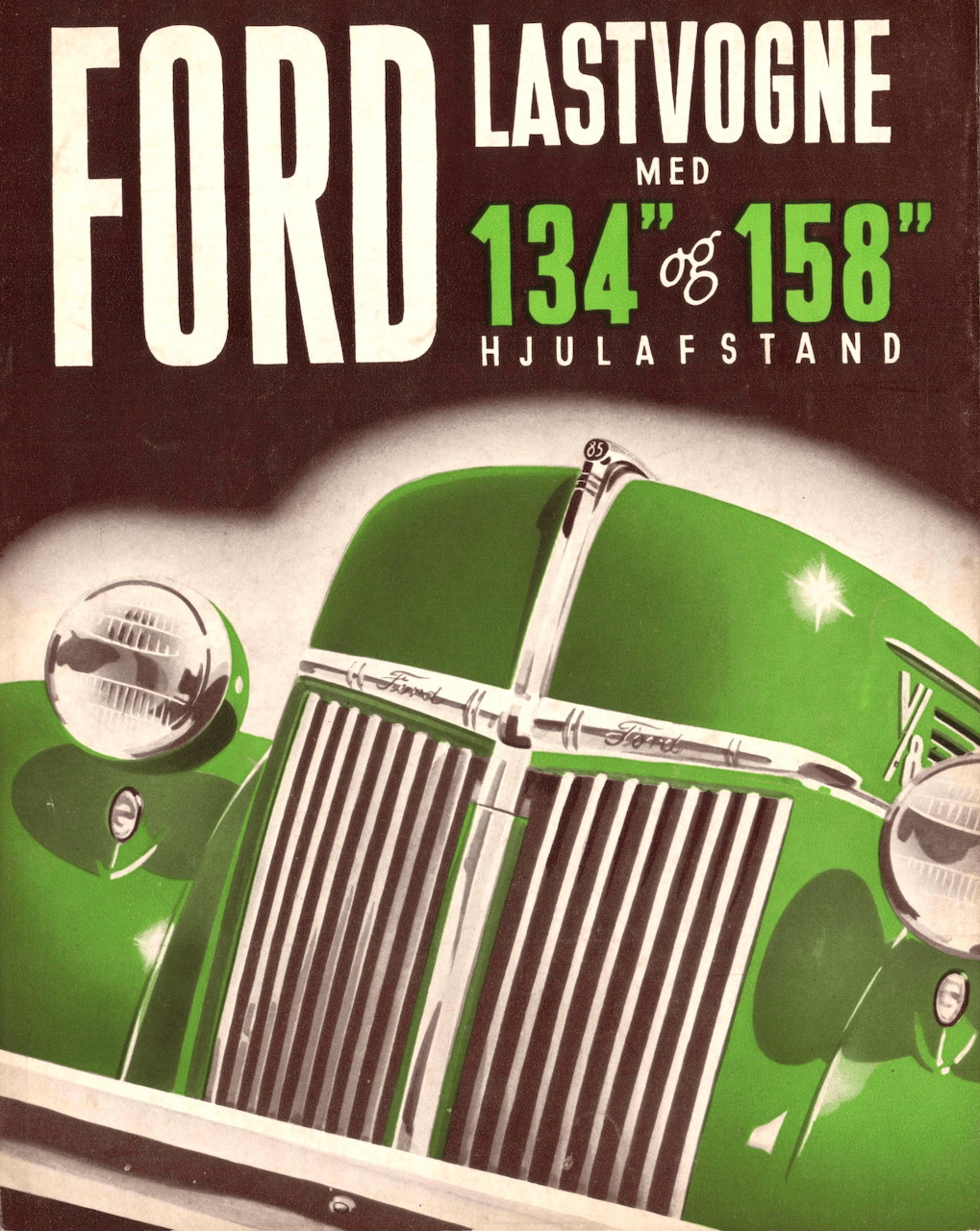 Vintage Danish advertisement for a green 1940 Ford truck with chrome grille, text reads Ford Lastvogne