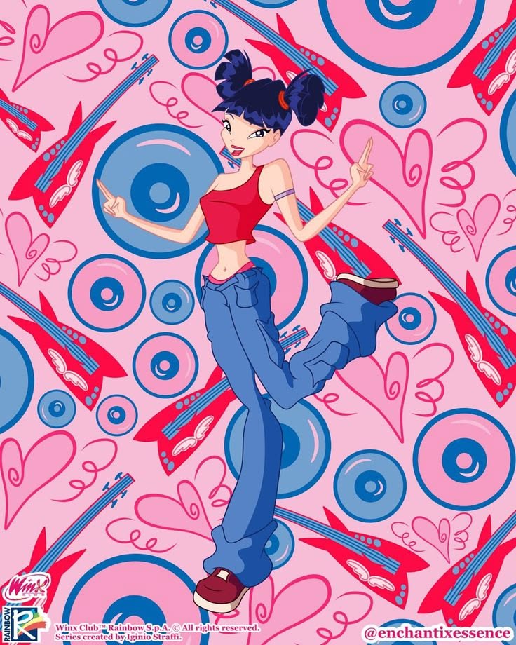 Cartoon girl with blue pigtails, red top, and flared jeans on a pink patterned background