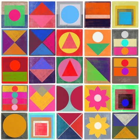5x5 grid of colorful geometric shapes in squares with varied patterns and vibrant colors