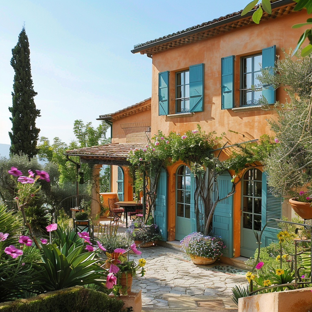 Terracotta Mediterranean villa with blue shutters, stone terrace, flowering garden and cypress tree