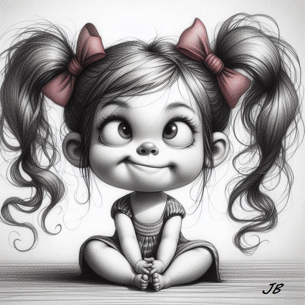 Black-and-white drawing of a cute girl with pigtails and bows sitting cross-legged